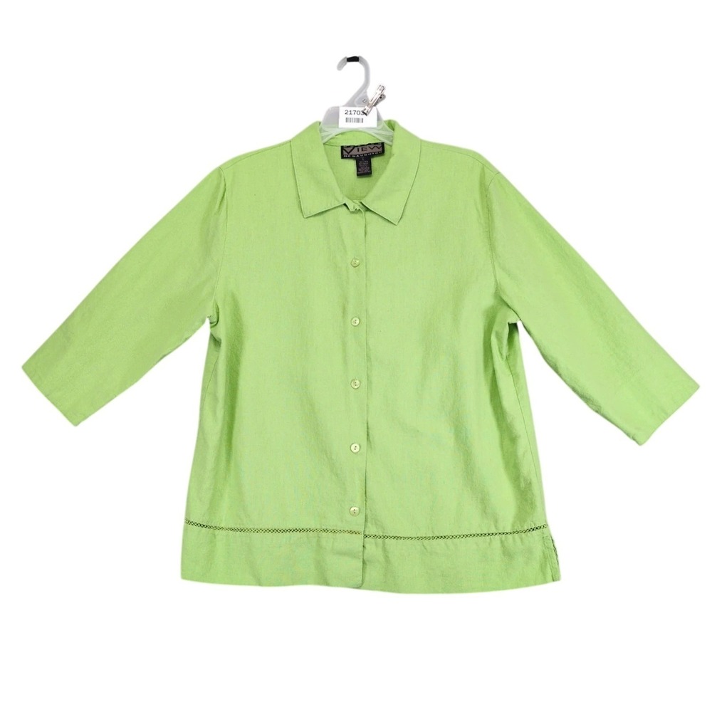 Norton McNaughton View Green Button-Up Blouse Womens L Linen Rayon Shirt Resort
